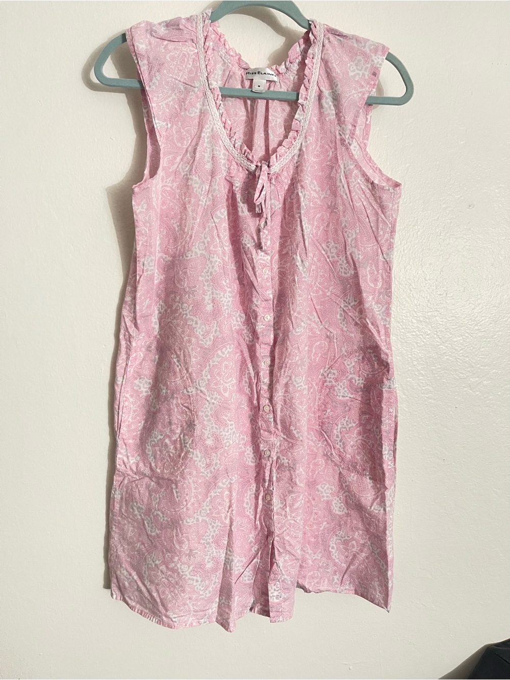 Miss Elaine Pink & White Sleeveless Cotton Nightgown with Tie Neck